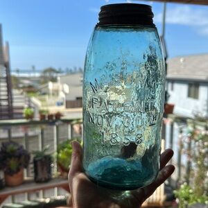 Vintage Mason Jar. Blue green color. Large! 9.5 tall & base is 4.5 wide. 1858